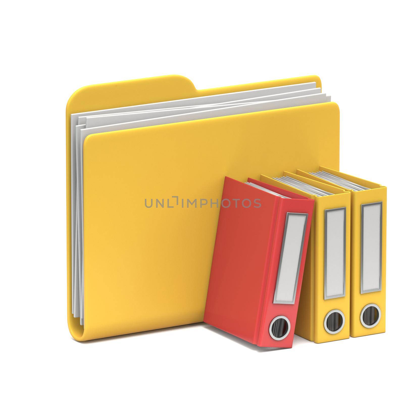 Yellow folder icon with office binders 3D rendering illustration isolated on white background