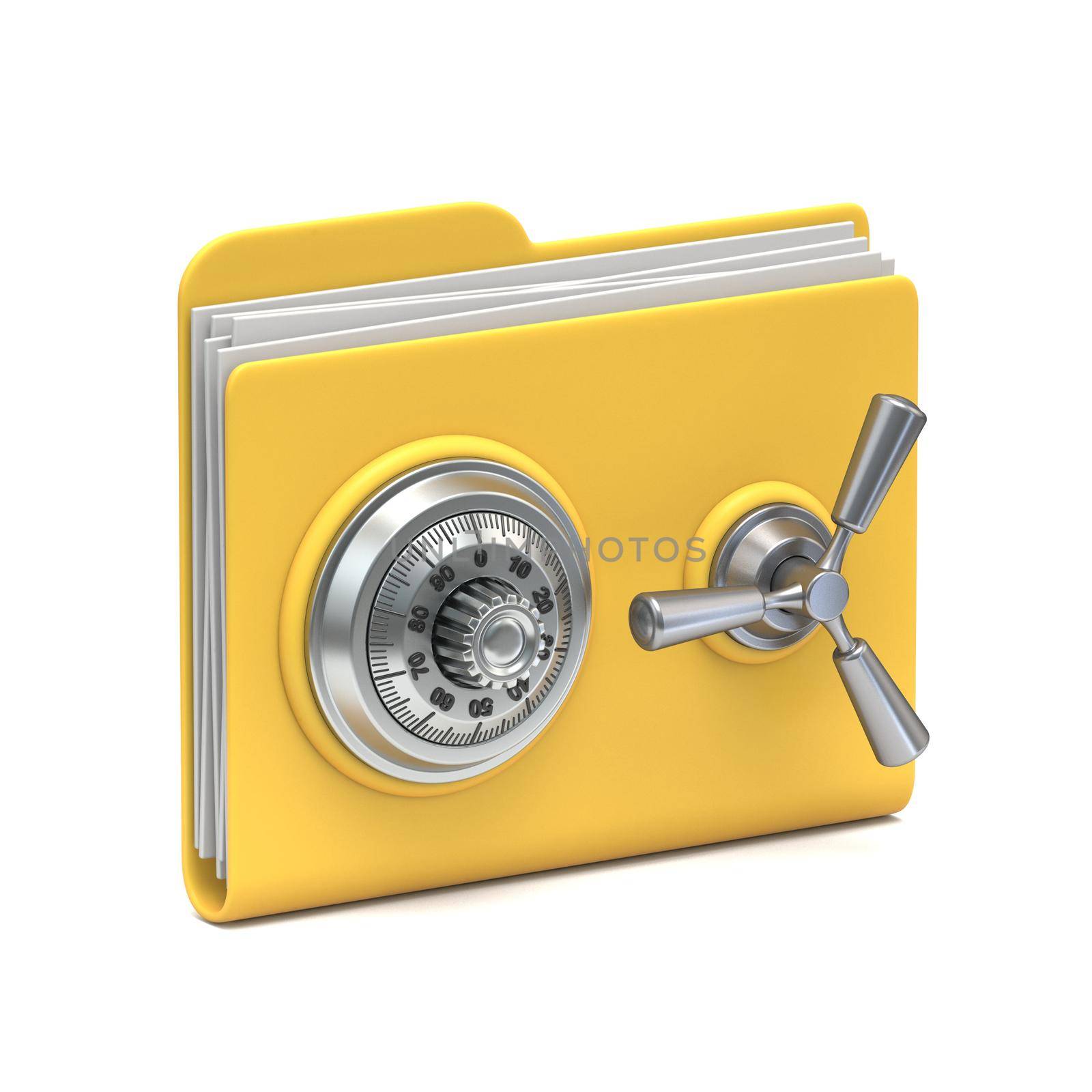 Yellow folder icon Data security concept with safe combination lock 3D rendering illustration isolated on white background