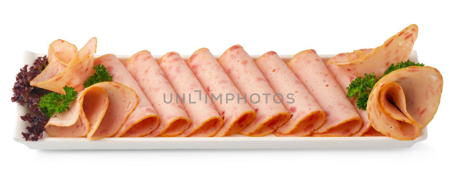 Cold smoked meat plate with salad leaves isolated on white background