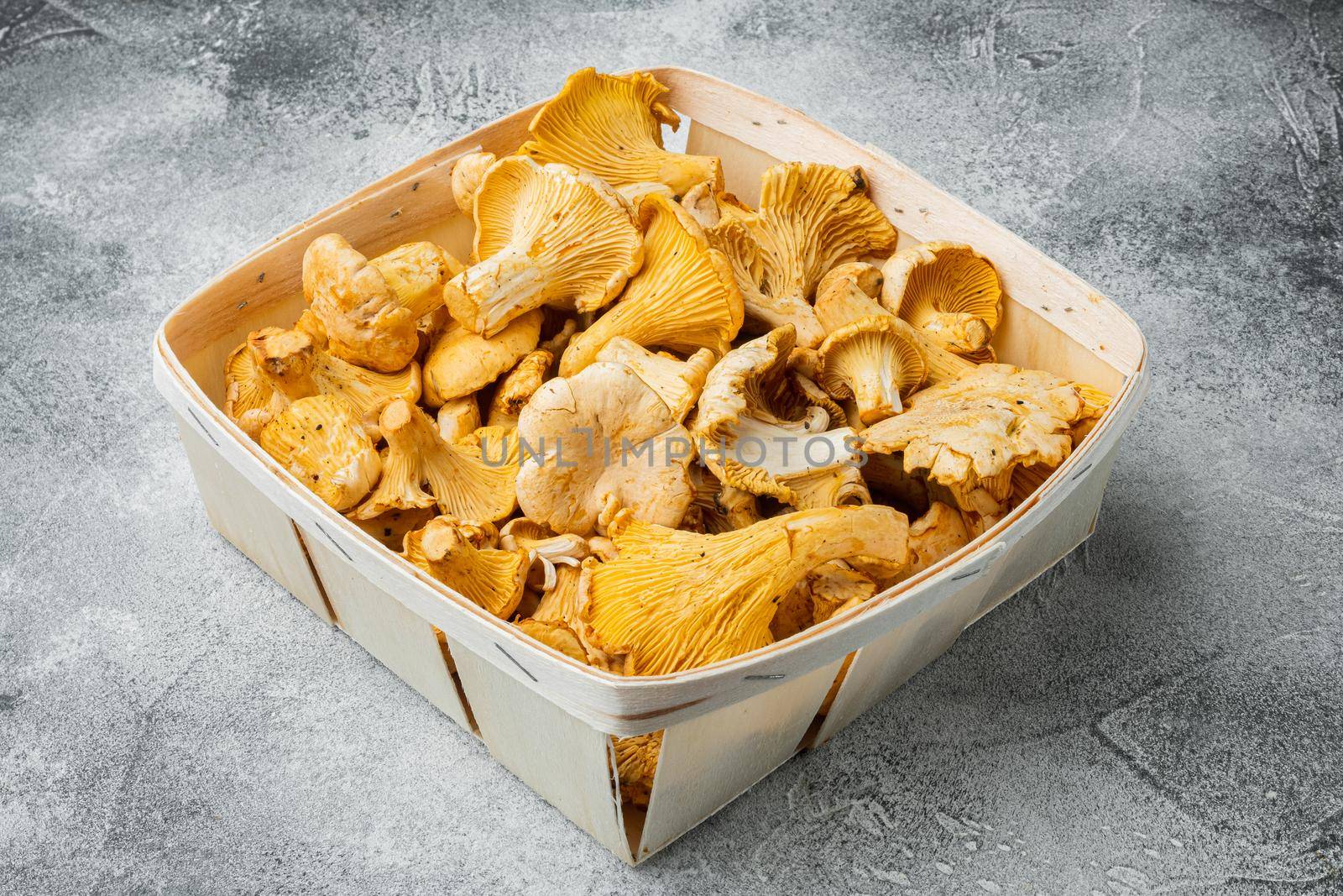 Forest chanterelle mushrooms set, in wooden box container, on gray stone table background