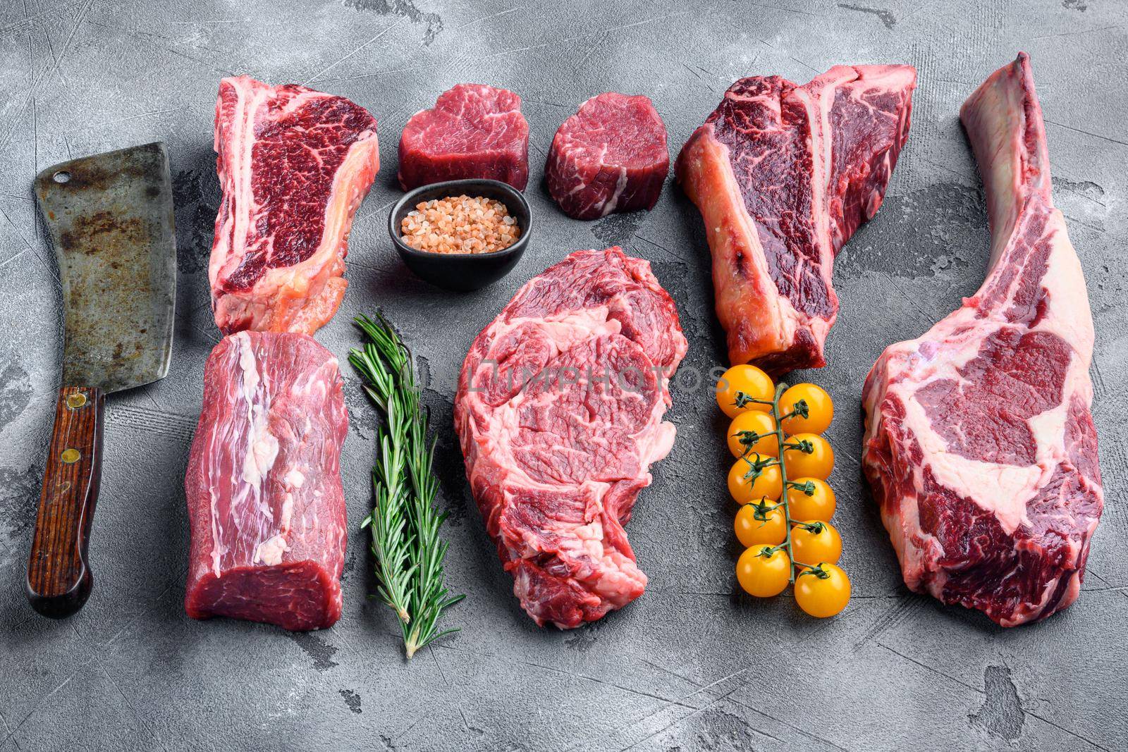 Marbled beef meat steak cut, tomahawk, t bone, club steak, rib eye and tenderloin cuts, on gray stone background by Ilianesolenyi