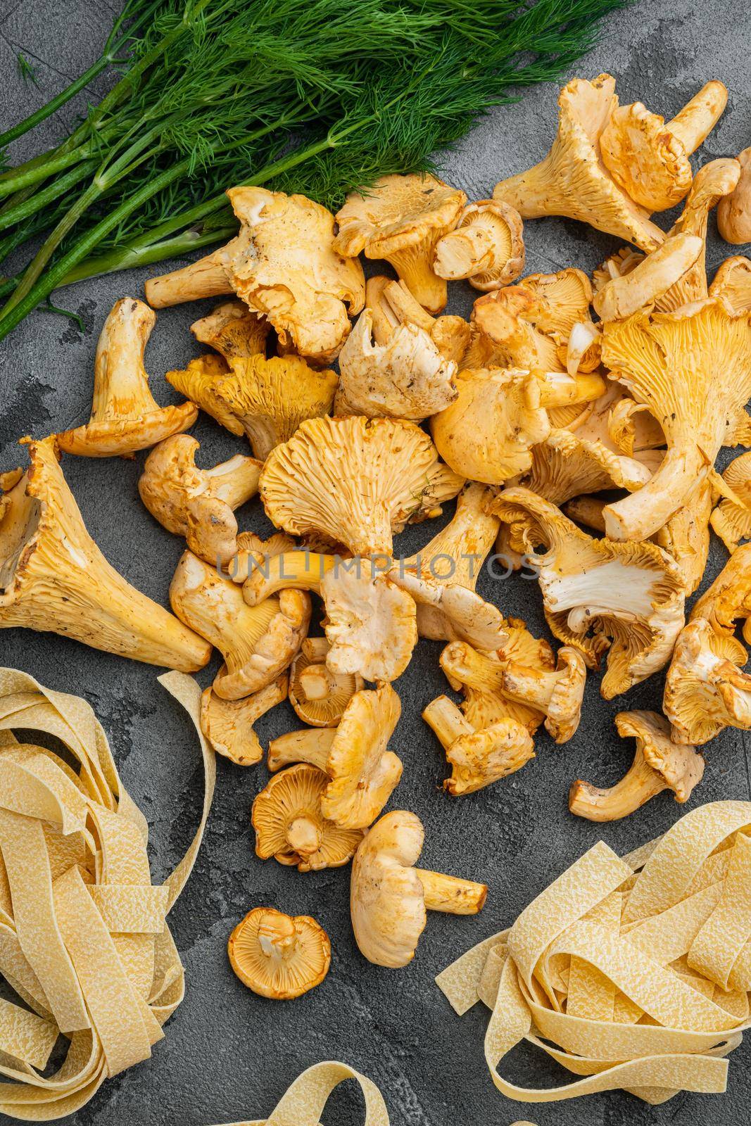 Raw tagliatelle with chanterelle mushrooms ingredients, on gray stone table background, top view flat lay by Ilianesolenyi