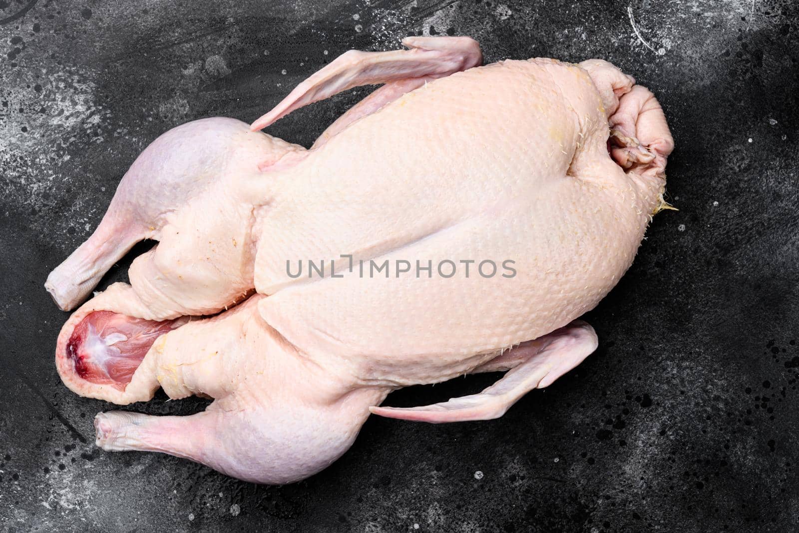 Fresh raw whole duck ready for cooking, on black dark stone table background, top view flat lay by Ilianesolenyi