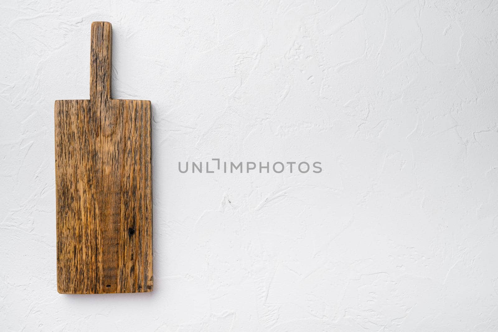 Scratched chopping board set, top view flat lay , with copy space for text or food, on white stone table background