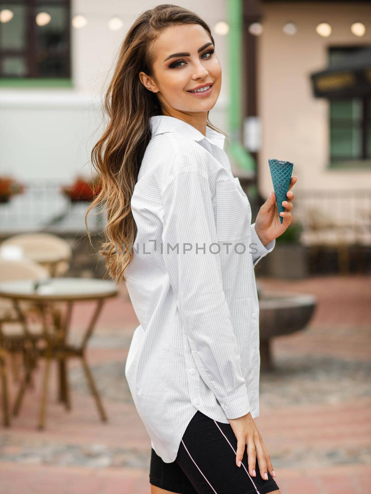 pretty caucasian female in street style clothes outdoor