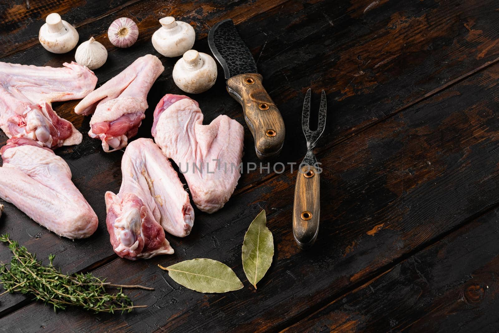 Fresh raw duck wings, on old dark wooden table background, with copy space for text by Ilianesolenyi