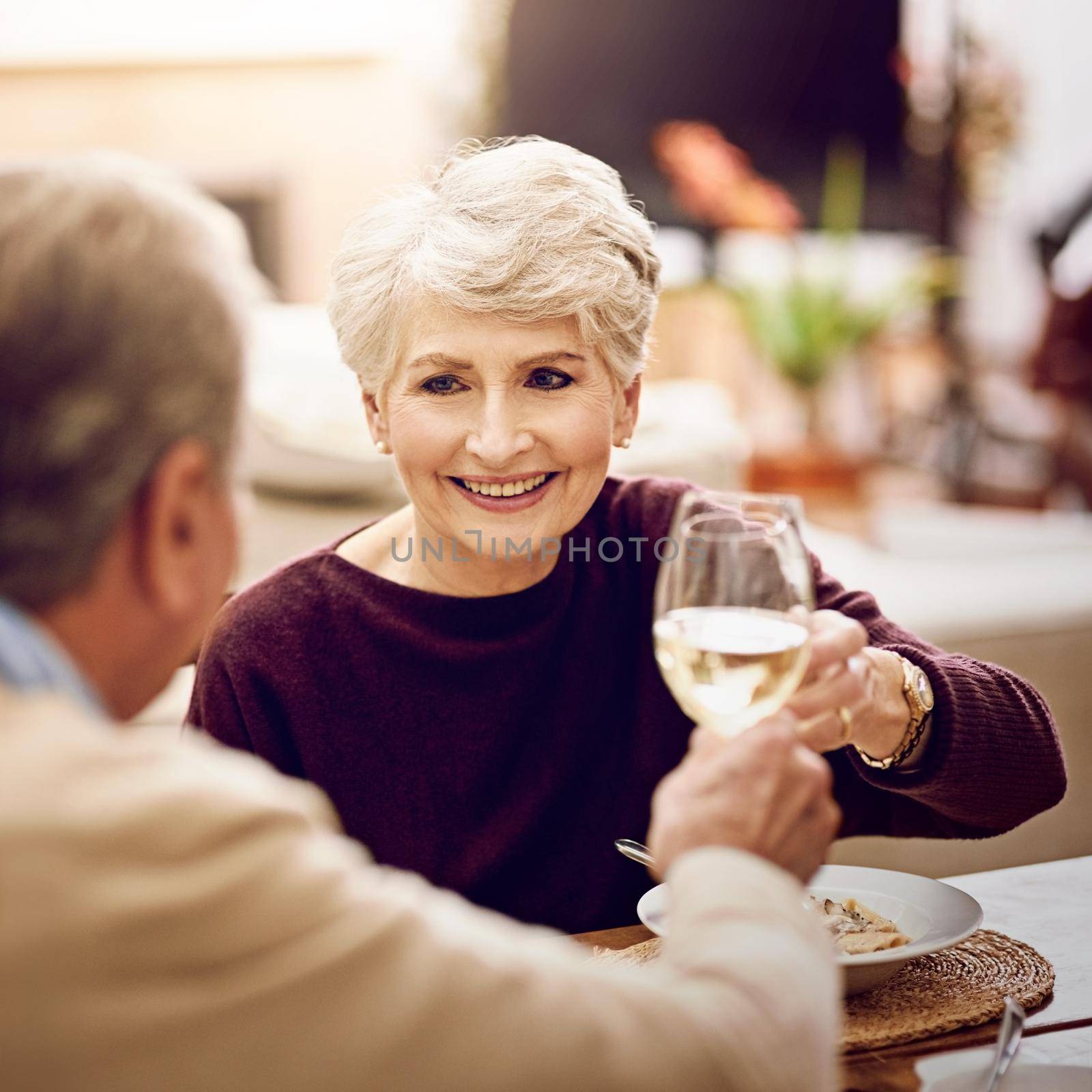 Shot of an elderly couple toasting with wine glasses while they enjoy a meal at home.