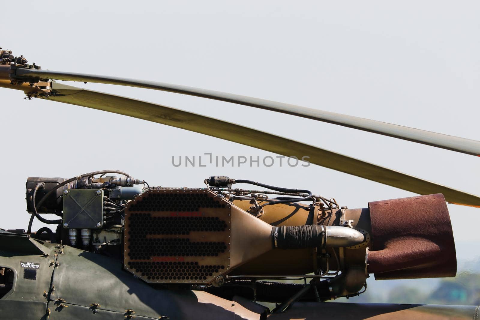 Alouette III helicopter's engine with air intake filter and blades close-up, South Africa