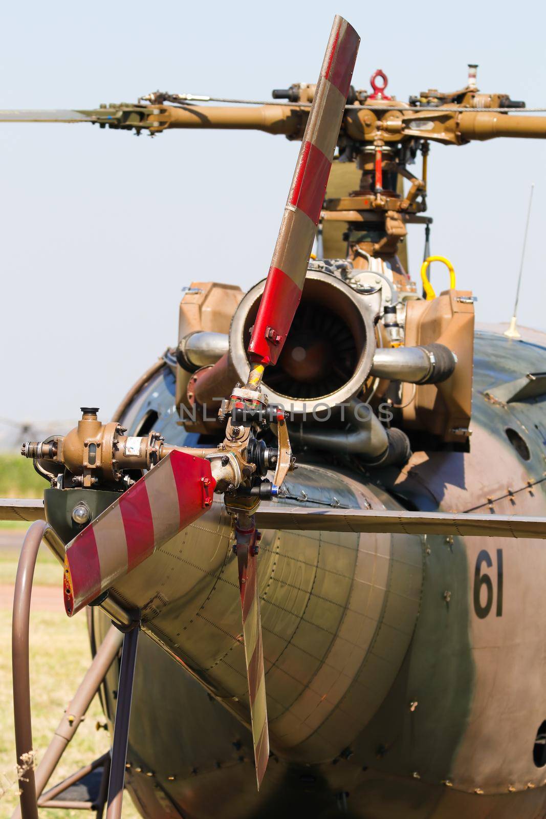 Military Alouette III helicopter tail rotor and blades close-up abstract, South Africa