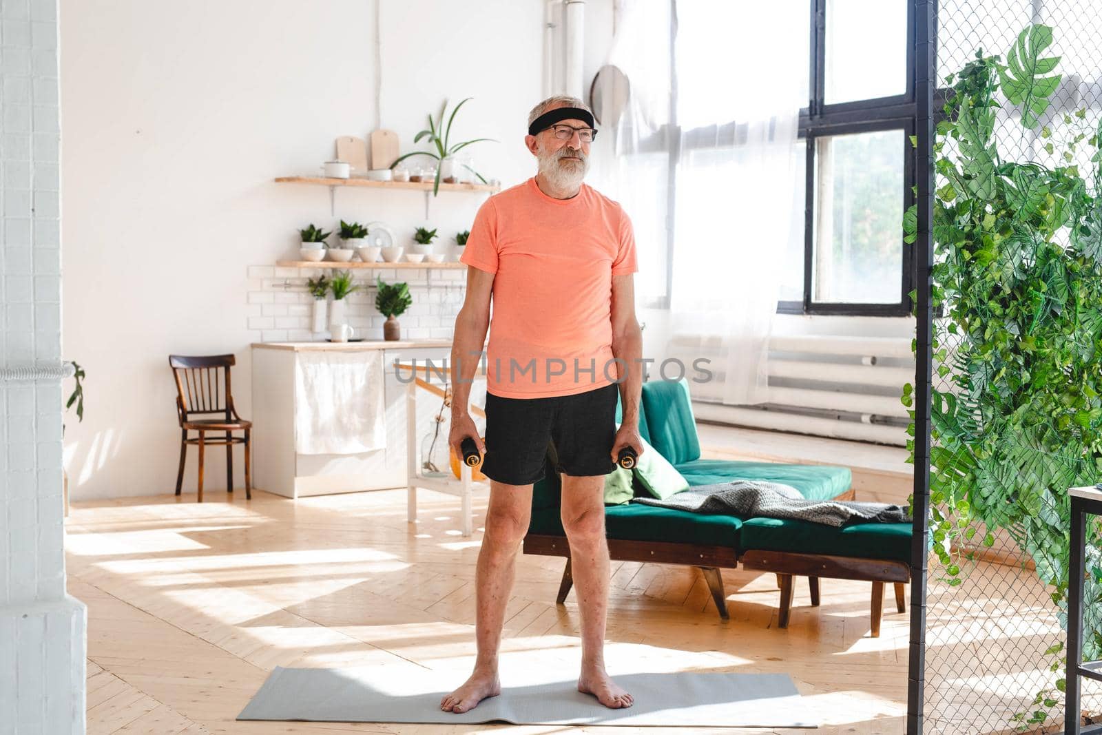 Elderly aged male exercising with dumbbells during online training. Old person man pensioner healthy training healthcare sport at home exercising fitness activity at elderly age by Satura86