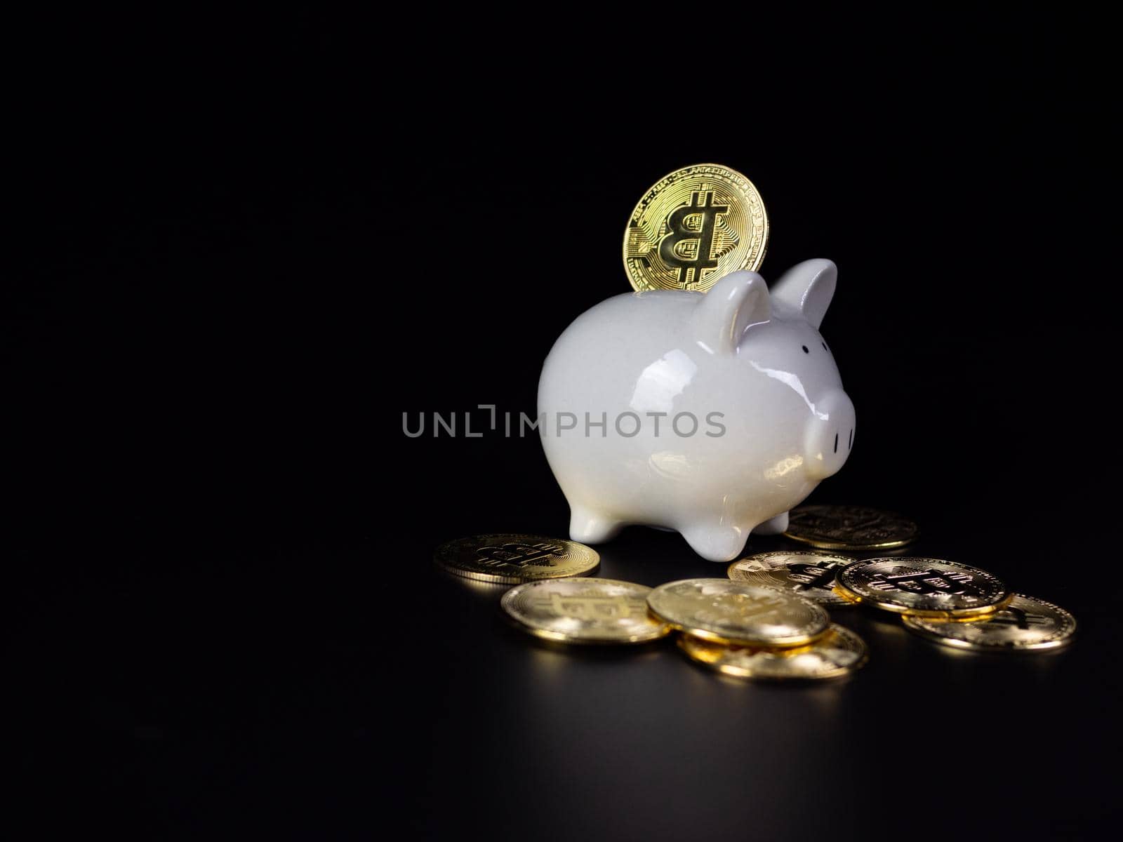 Bitcoin coins are on the back of a white piggy bank. on a black background by Unimages2527