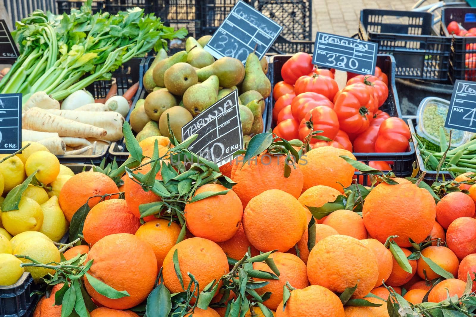 Fruits and vegetables for sale at a market