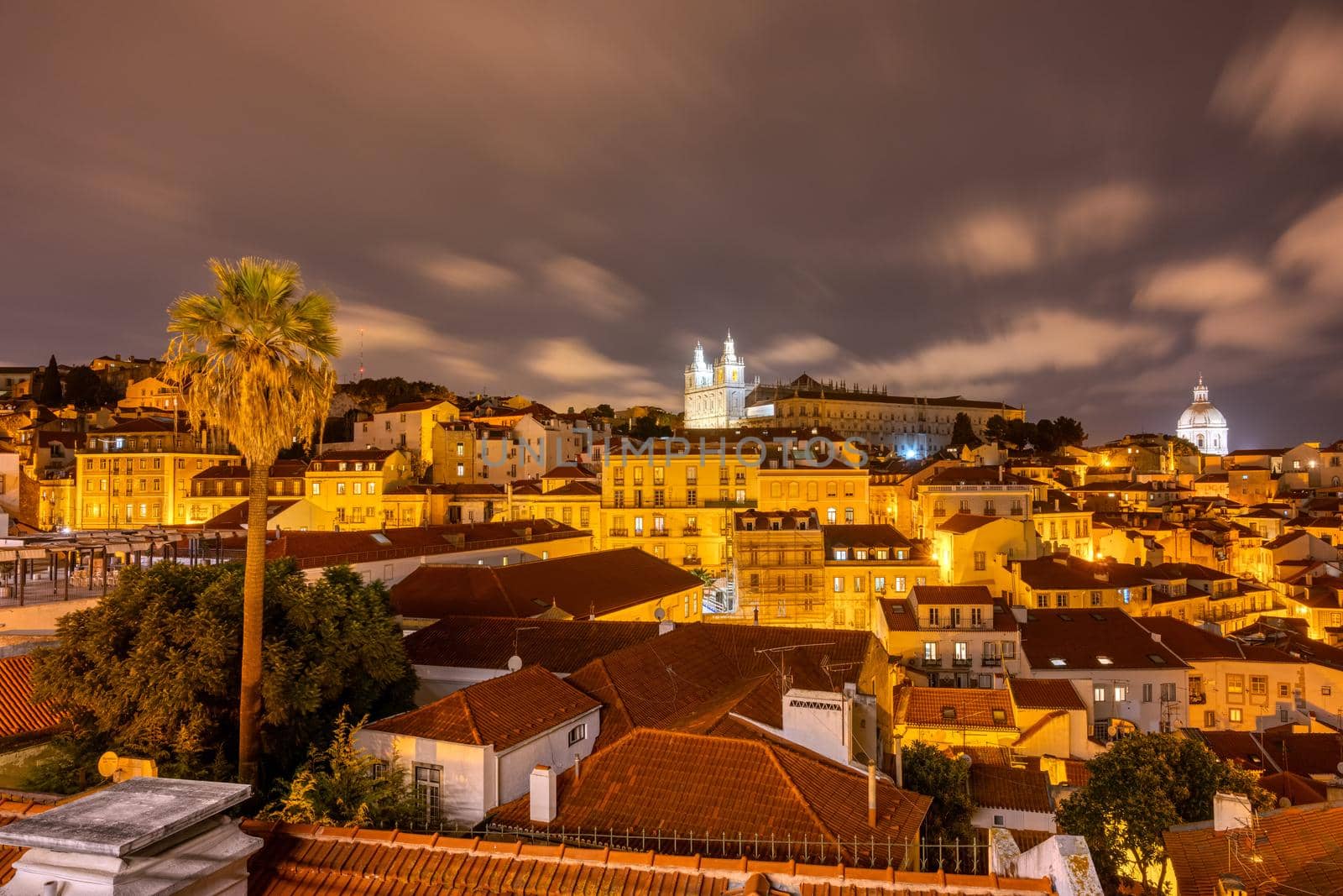 View of the old Alfama district in Lisbon, Portugal, at night