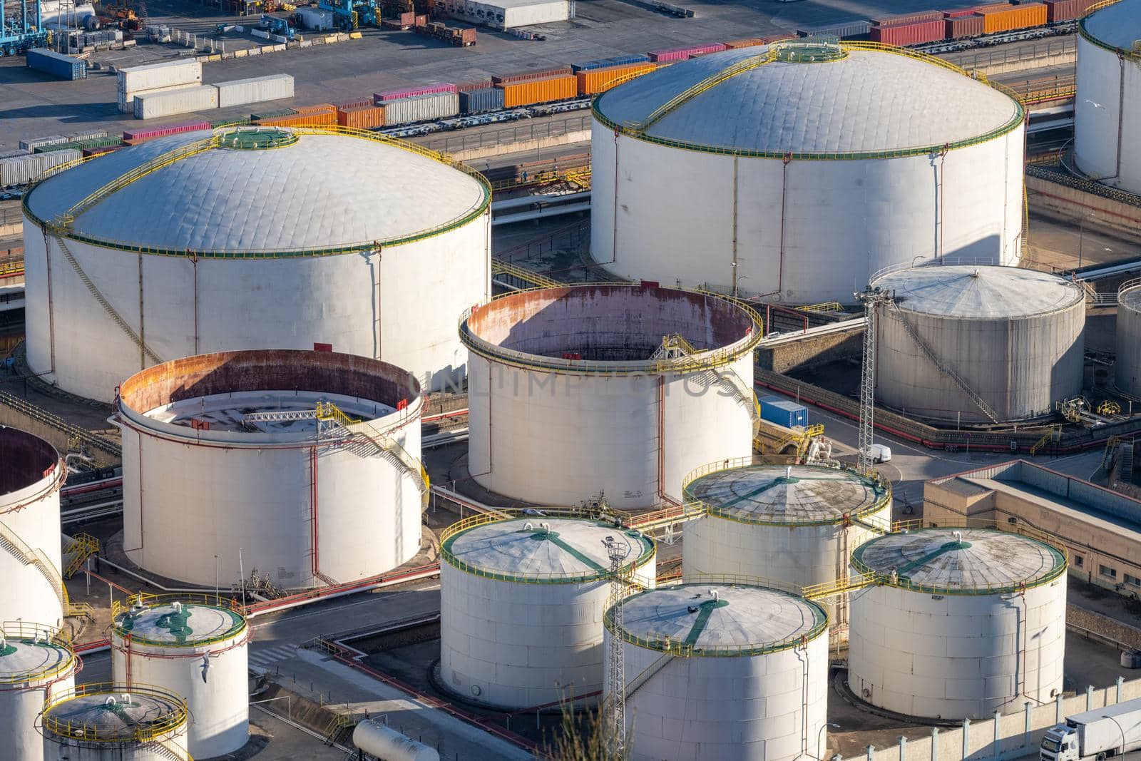 Storage tanks for crude oil seen in the commercial port of Barcelona