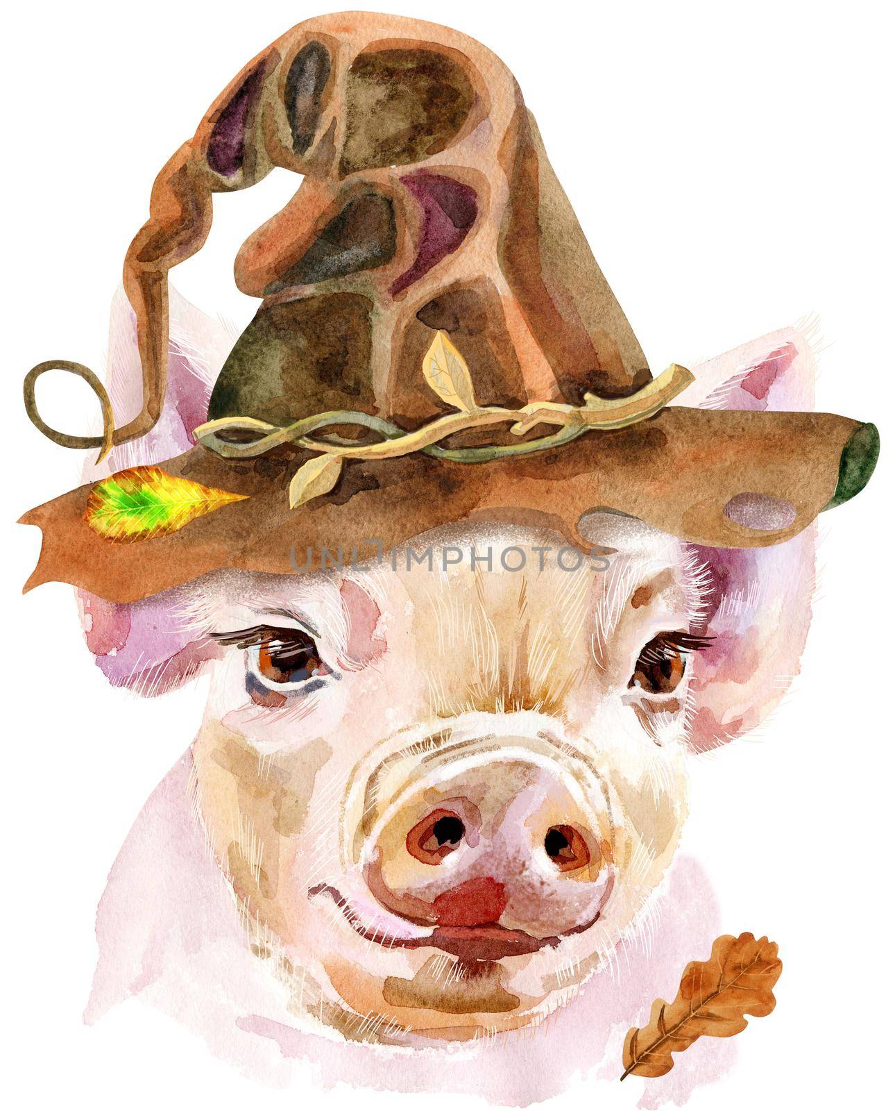 Watercolor portrait of mini pig in witch hat by NataOmsk