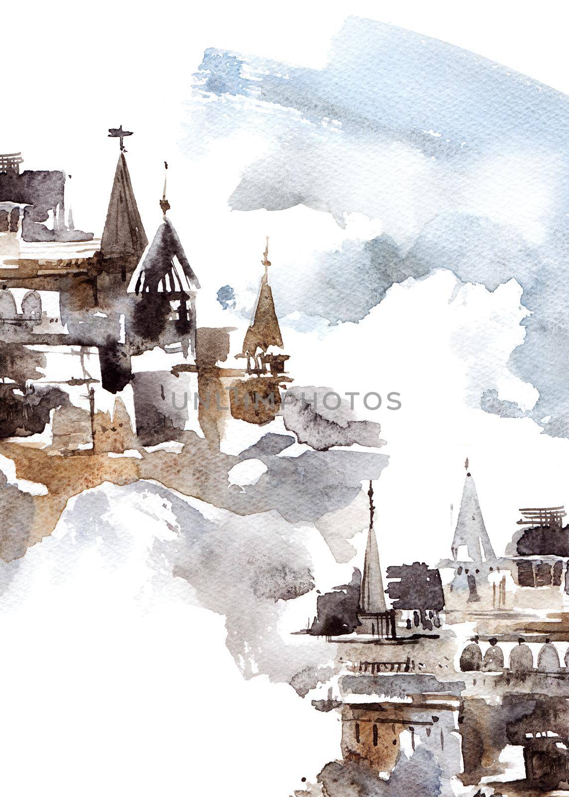 Watercolor landscape with a castle and cloudy sky