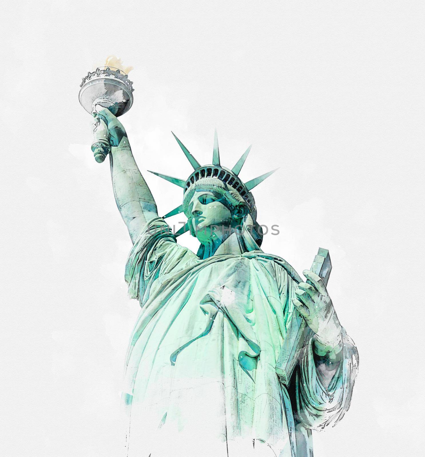 Watercolor painting illustration of Statue of Liberty by Mariakray