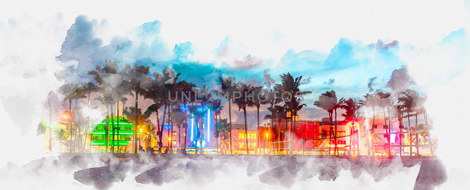 Watercolor painting illustration of Miami Beach Ocean Drive panorama with hotels and restaurants at sunset by Mariakray