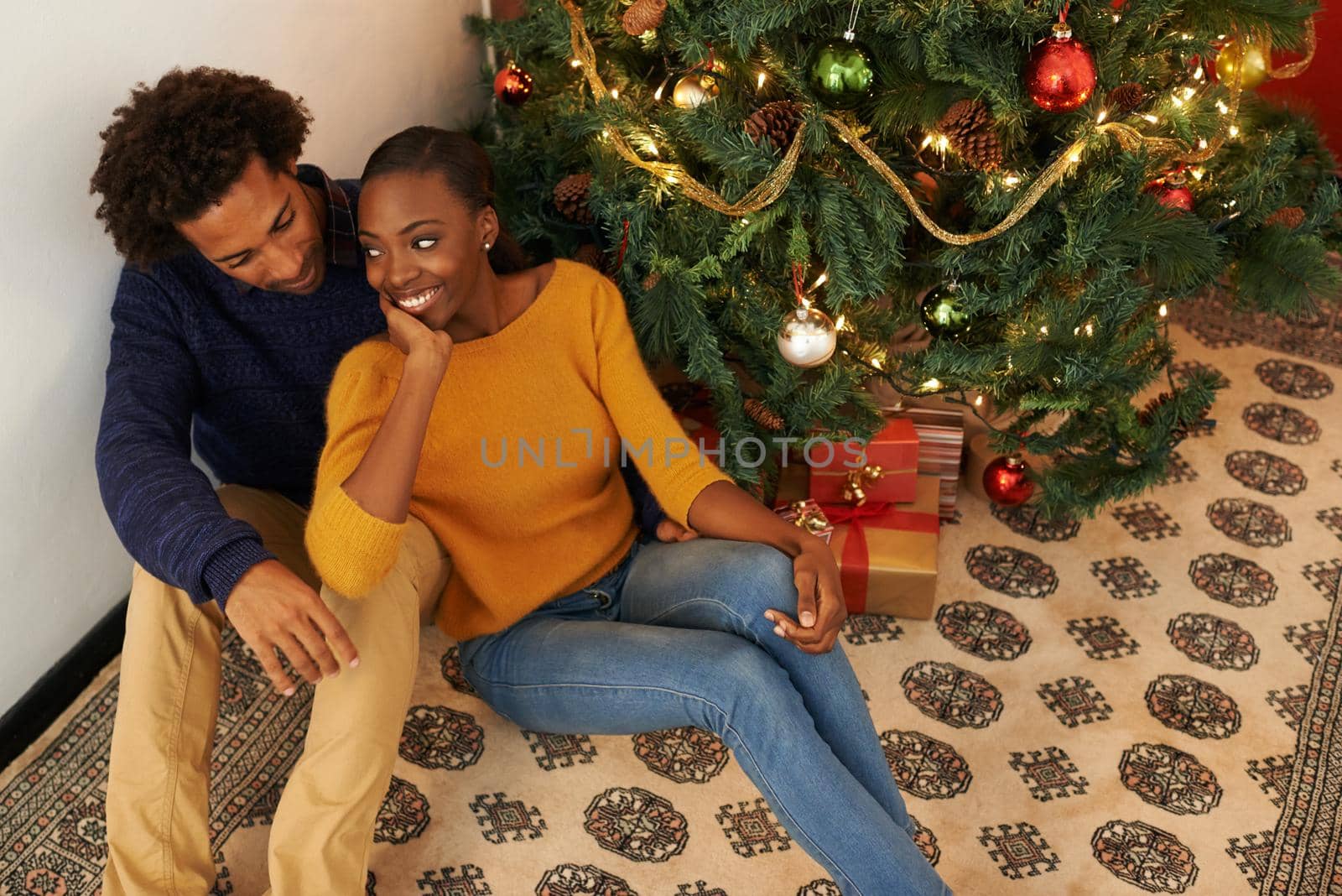 Shot of an affectionate young couple sitting beside a Christmas tree.