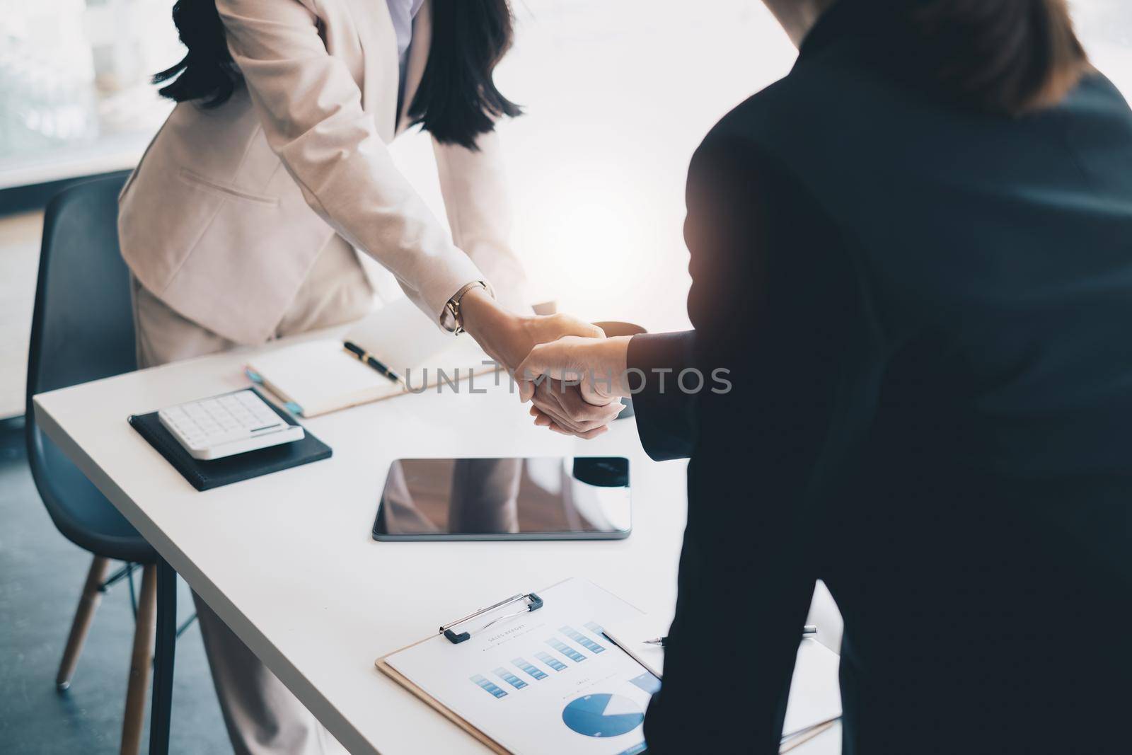 Business partnership meeting concept. Image business women handshake. Successful business people handshaking after good deal. Group support concept