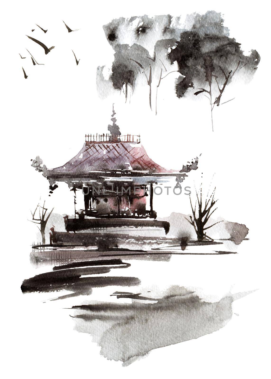Watercolor and ink sketch of pagoda building in landscape - oriental traditional sumi-e painting