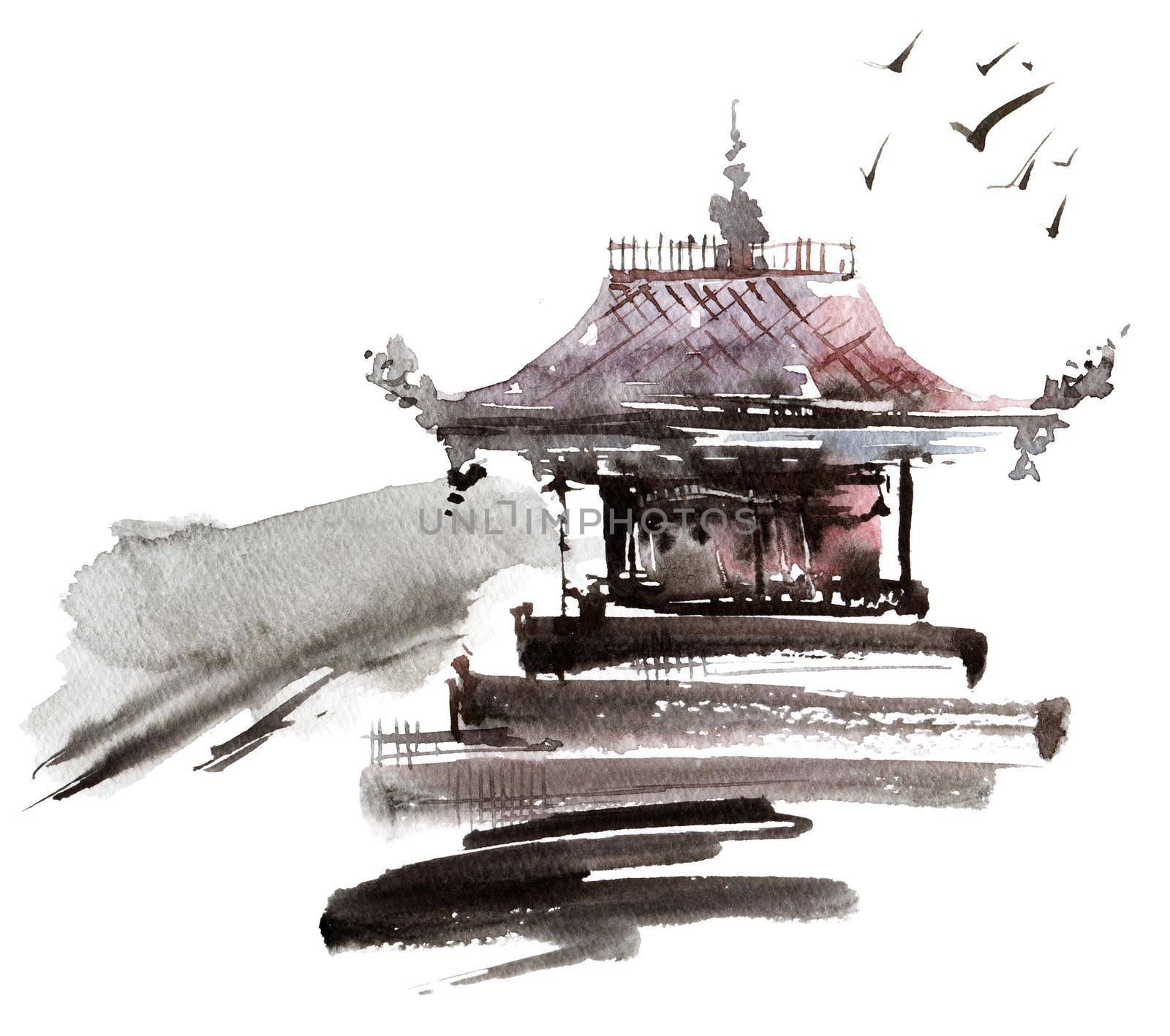 Watercolor and ink sketch of pagoda building - oriental traditional sumi-e painting