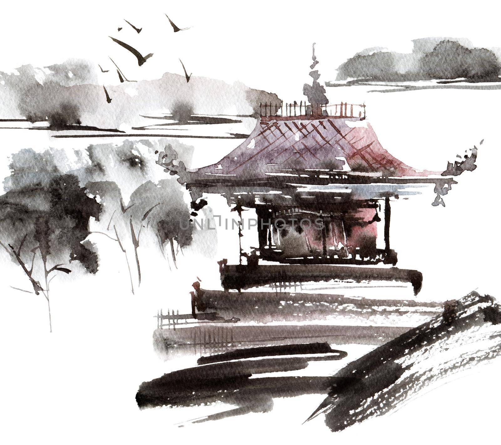 Watercolor landscape with pagoda by Olatarakanova