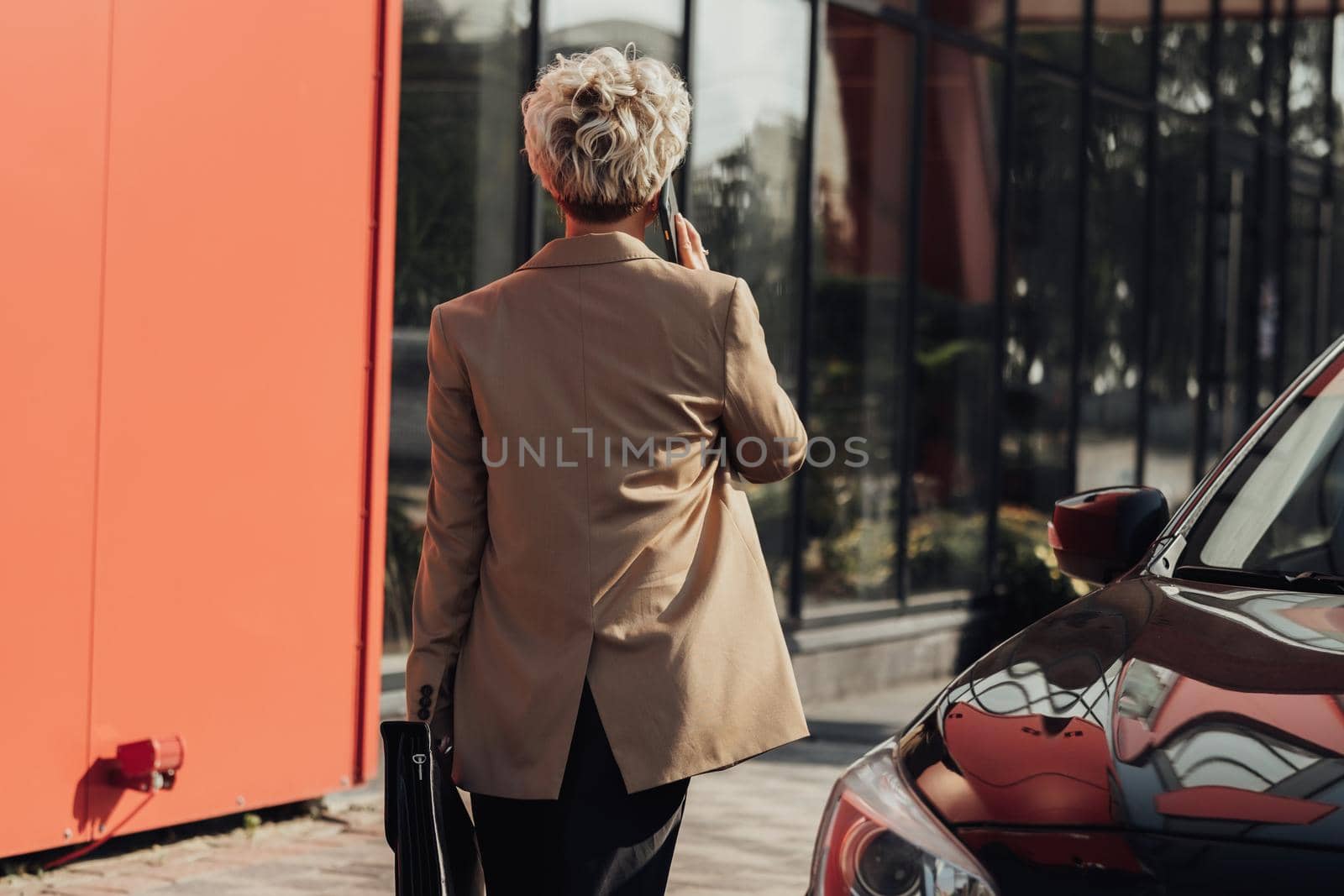Back View of Elegant Business Woman with Briefcase in Hand Talking on the Phone Near Luxury Car