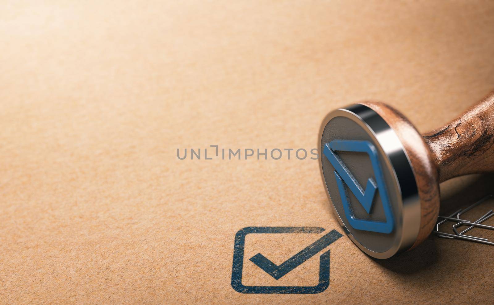 Blue check mark and rubber stamp over brown paper background. 3d illustration.