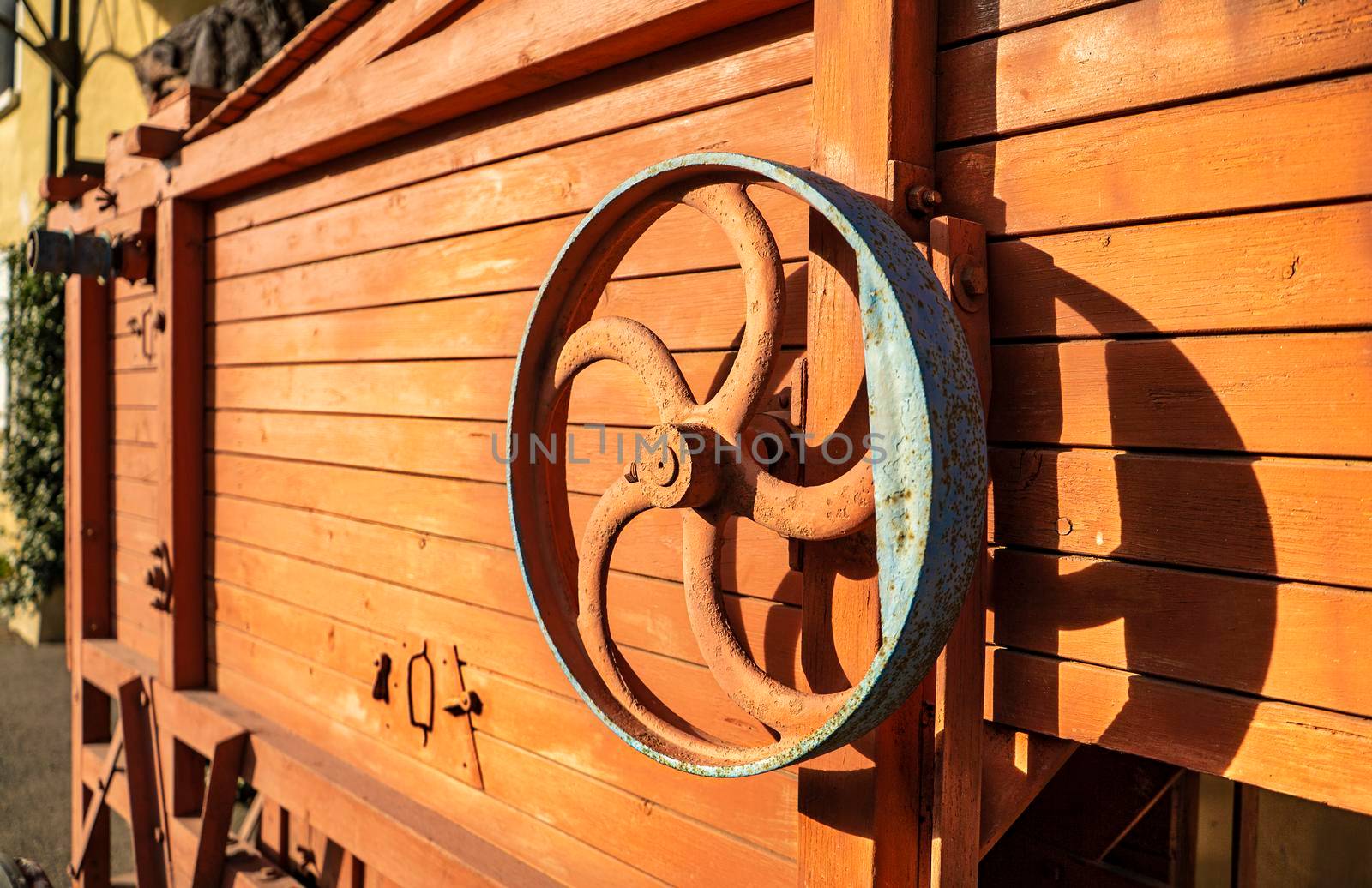 Detail of a historical industrial machinery pulley