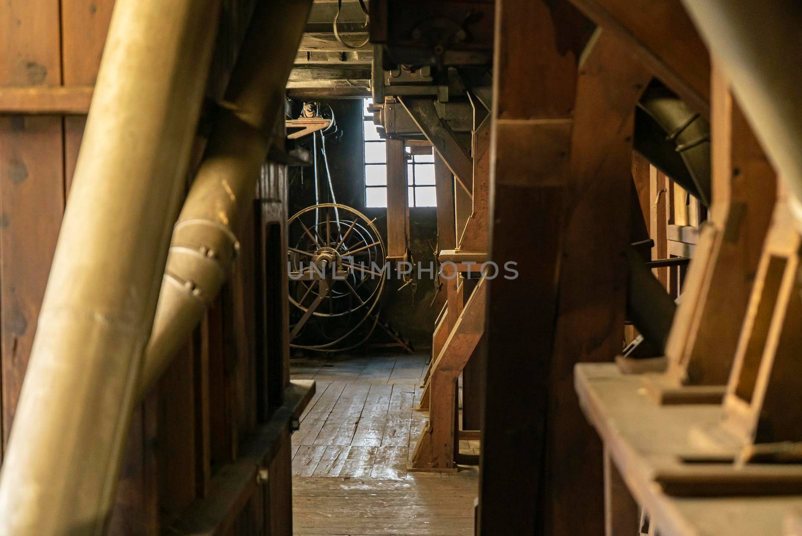 Interior shot of an old historic factory with machinery