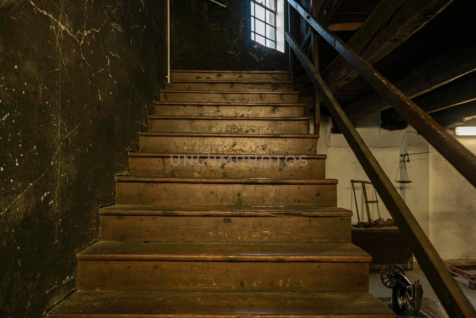 Detail shot of Old wooden staircase in a historic building