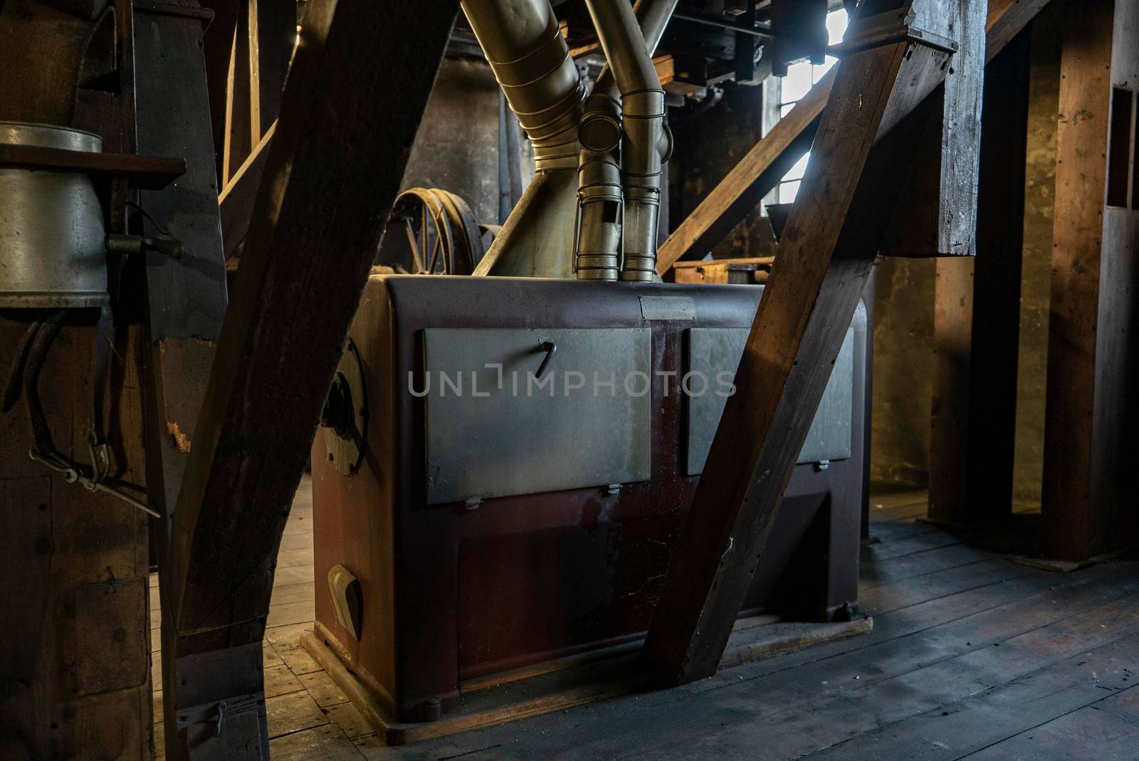 Interior shot of an old historic factory with machinery