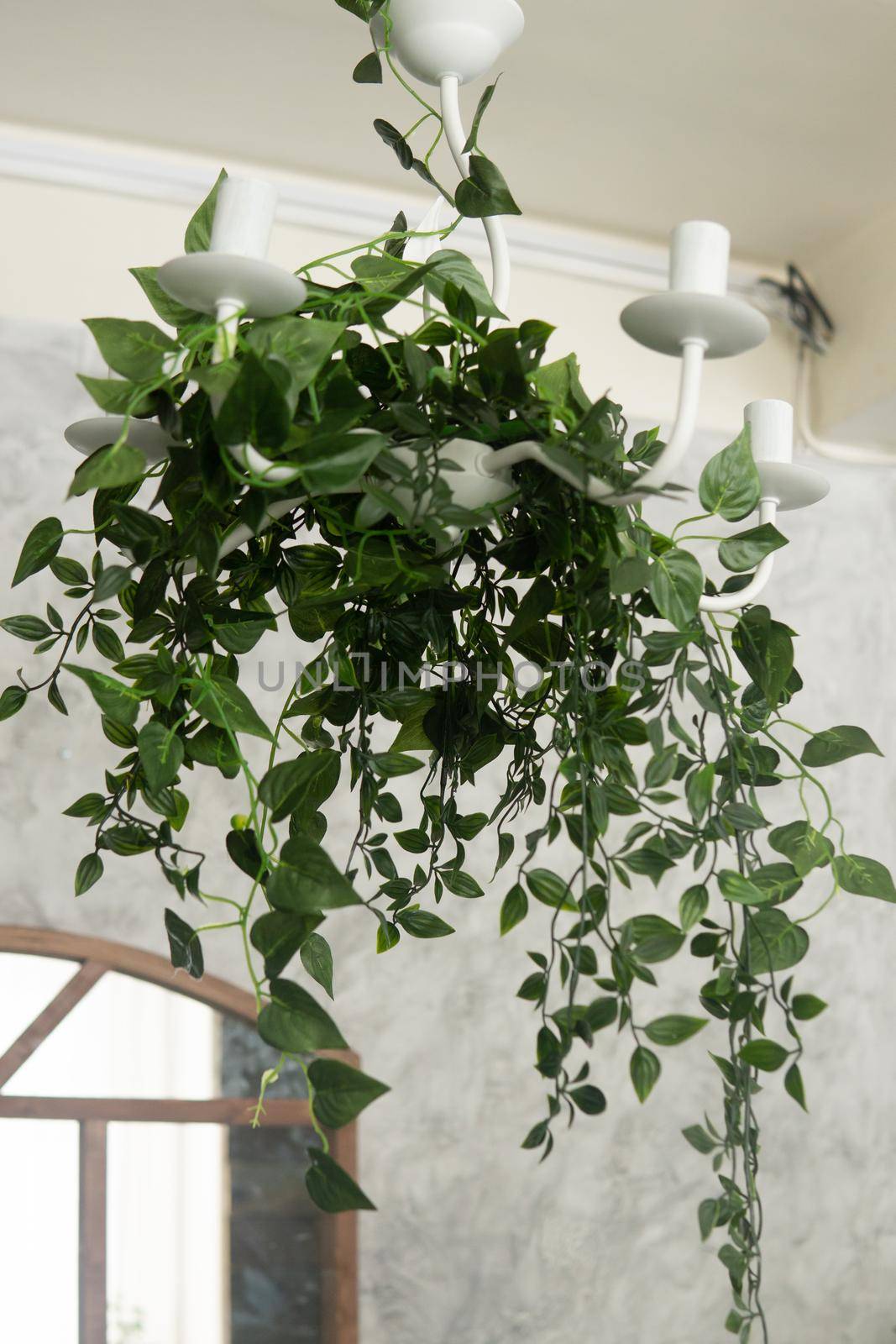 landscaping of the ceiling in a modern interior. A fragment of the interior with a variety of indoor plants. Urban jungle concept. Biophilia design.