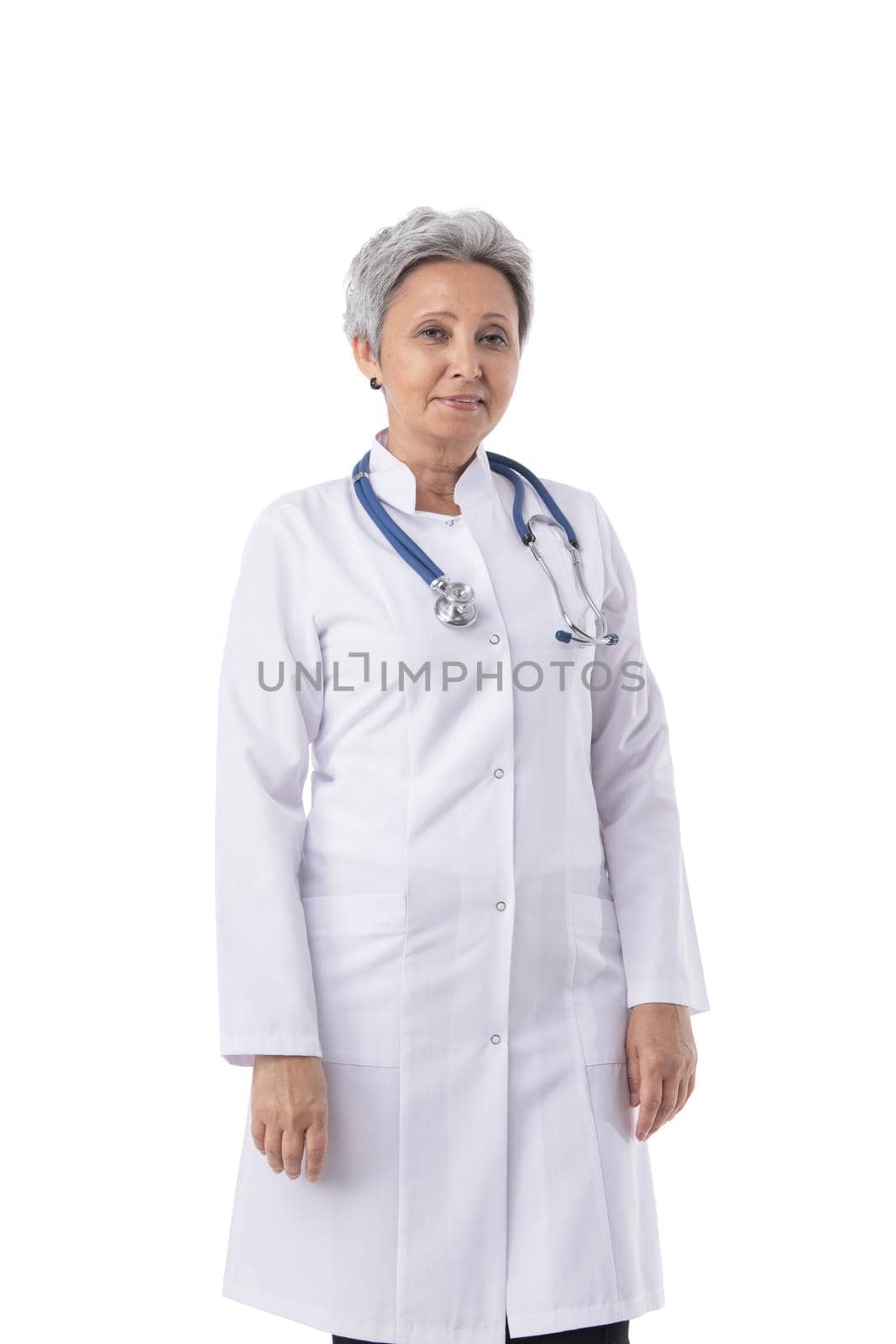 Mature female asian doctor studio portrait isolated over white background