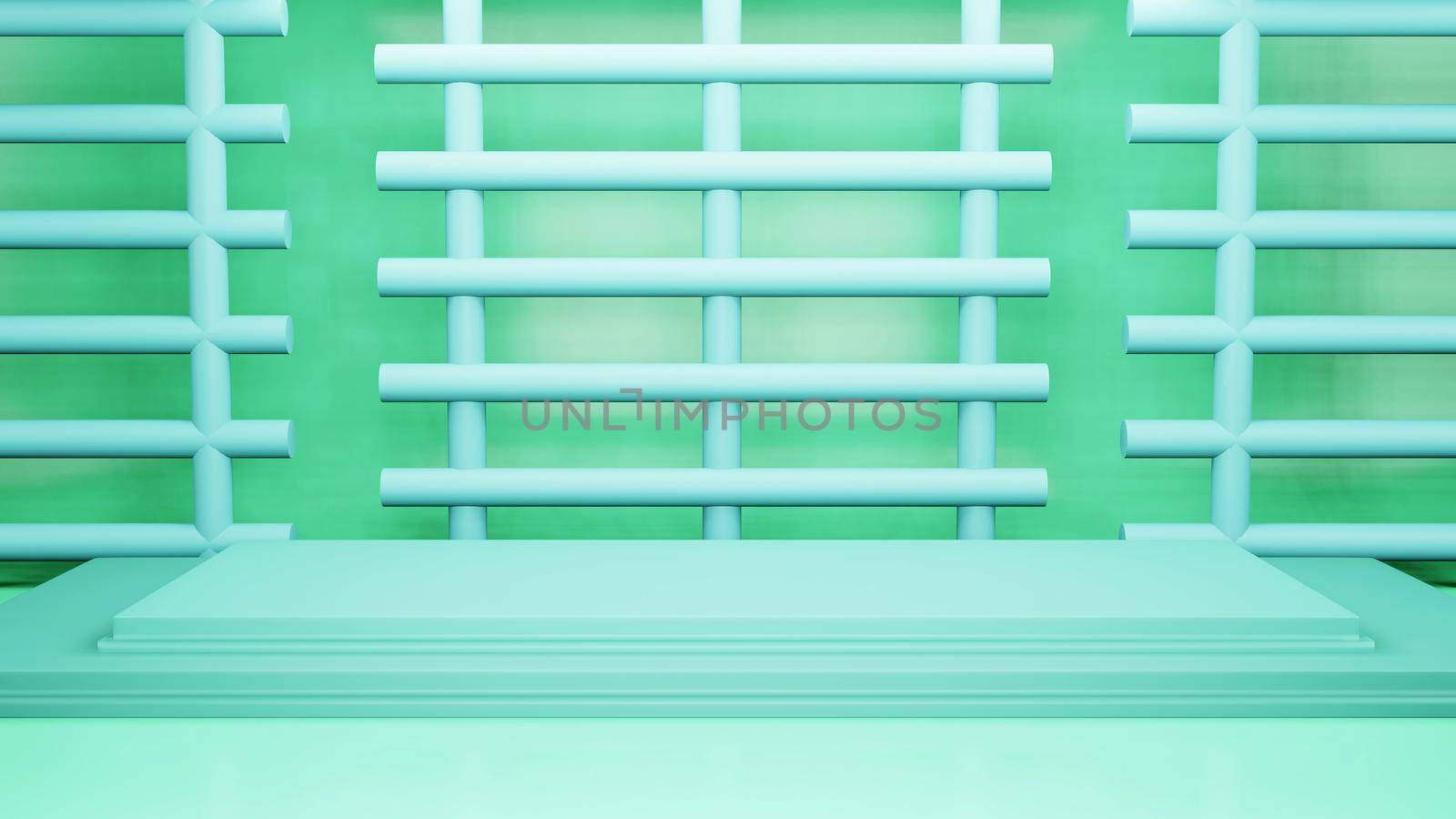 Abstract background with green podiums and shadows on a green wall, an empty showcase for cosmetic products demonstration or presentation, minimal ecology concept
