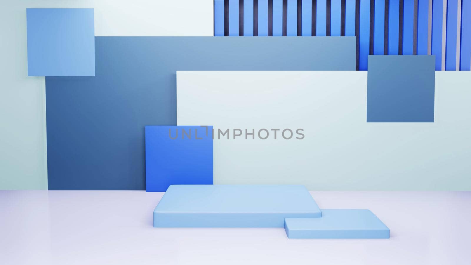 Abstract architectural background with white and blue boxes installation. 3d render illustration by Benzoix