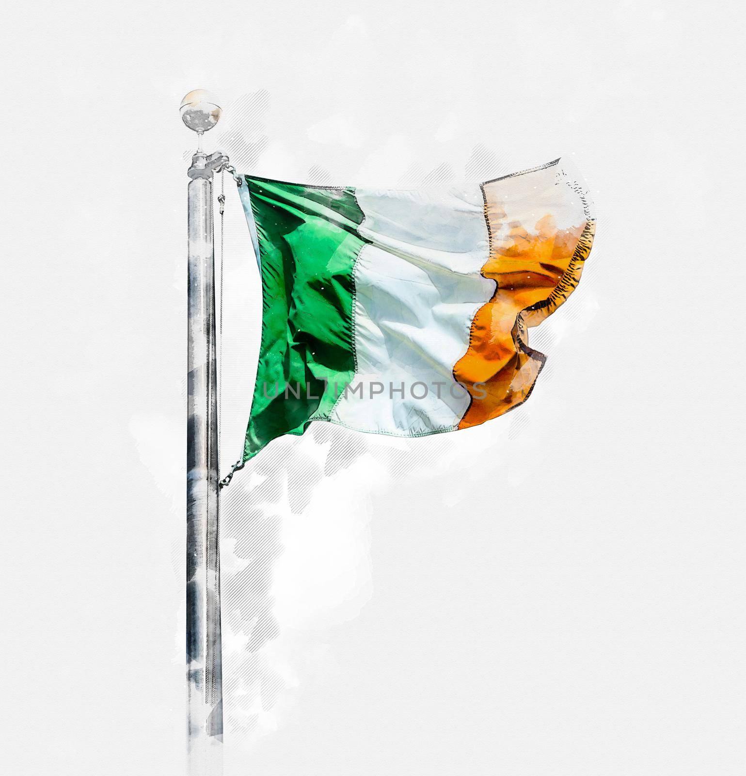 Watercolor paint effect of Irish flag of Ireland isolated over white background by Mariakray