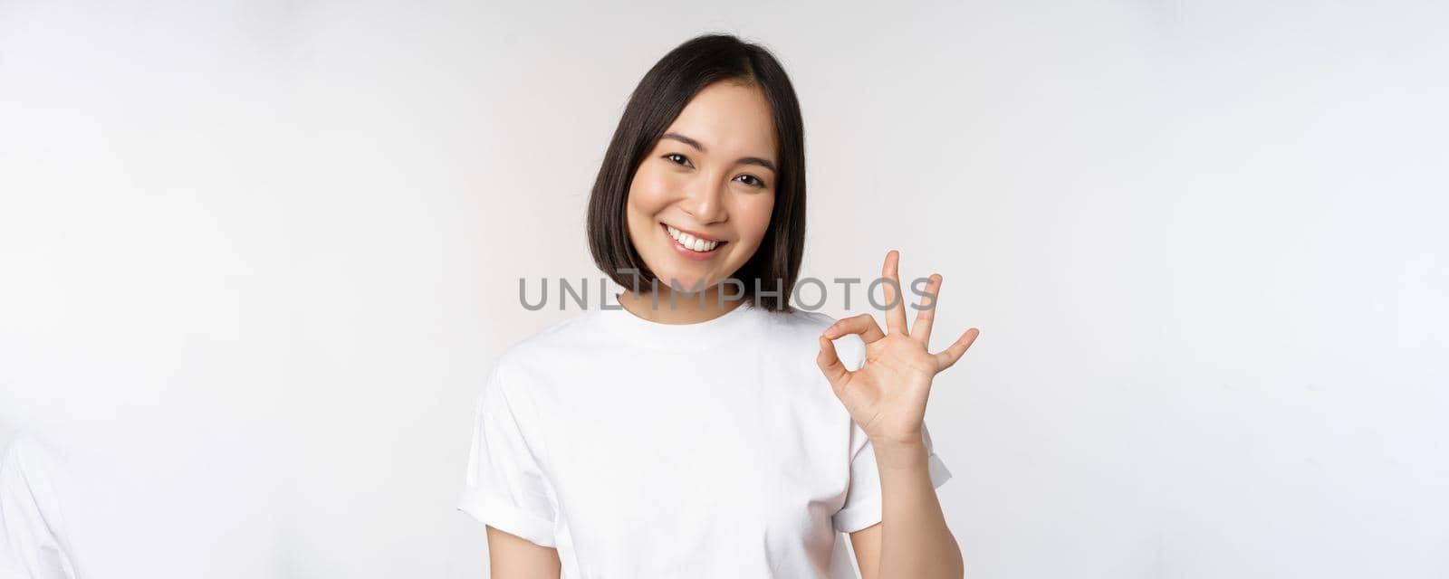 Everything okay. Smiling young asian woman assuring, showing ok sign with satisfied face, standing over white background by Benzoix