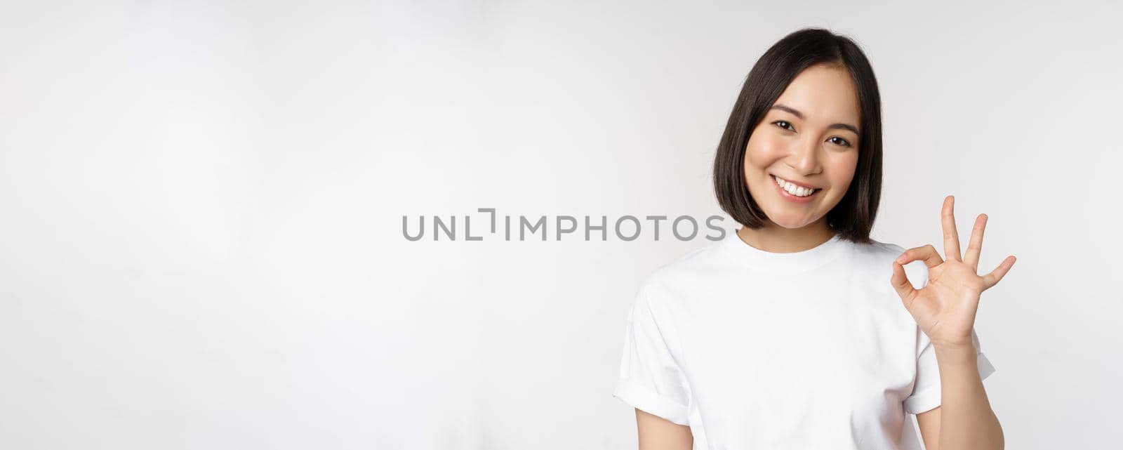 Everything okay. Smiling young asian woman assuring, showing ok sign with satisfied face, standing over white background by Benzoix