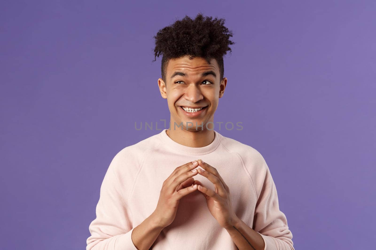 Close-up portrait of creative young hispanic guy steeple fingers while making-up great plan or joke, look away daydreaming, scheming something, have idea, stand purple background by Benzoix