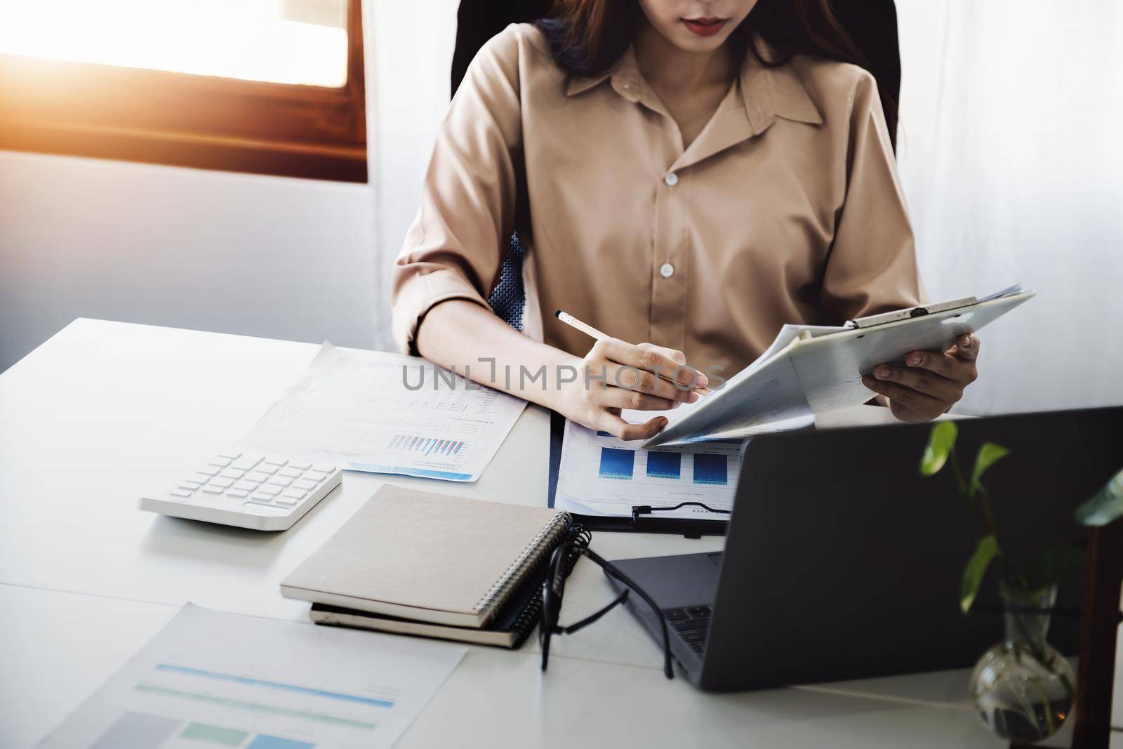 Young economists or accountants or financiers and investors are reviewing budget documents and using computers to study impact and risk assessments on corporate investment management