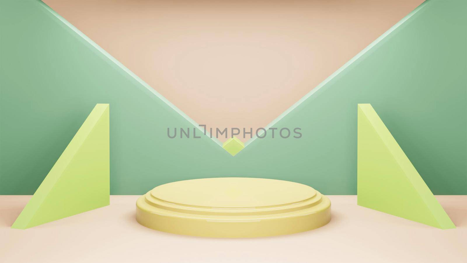 podium 3d background minimal yellow green scene with geometric platform. background 3d rendering with podium. podium to show cosmetic products. Stage showcase on pedestal modern 3d studio green pastel.