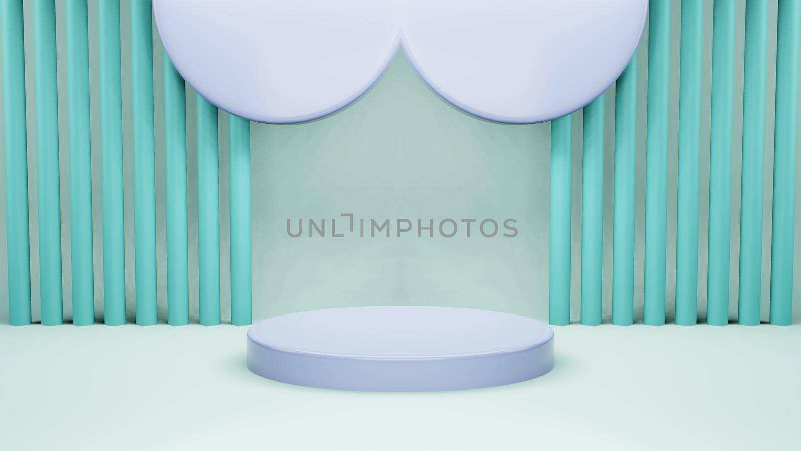 3D render illustration, Mock up podium for product presentation, pastel blue background, arc with curtains, Abstract composition in minimal design by Benzoix