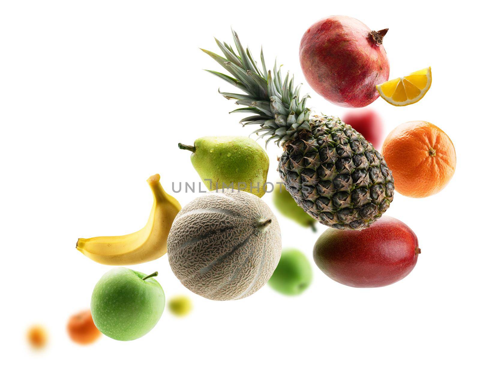 Fresh fruits levitate on a white background.