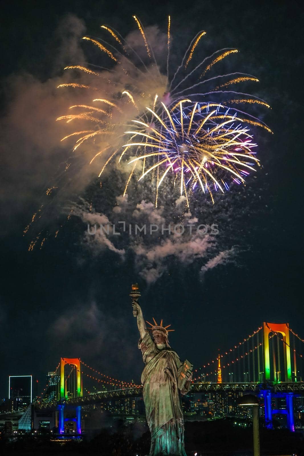 Night view and fireworks in Tokyo (Odaiba Rainbow Fireworks 2019). Shooting Location: Tokyo metropolitan area