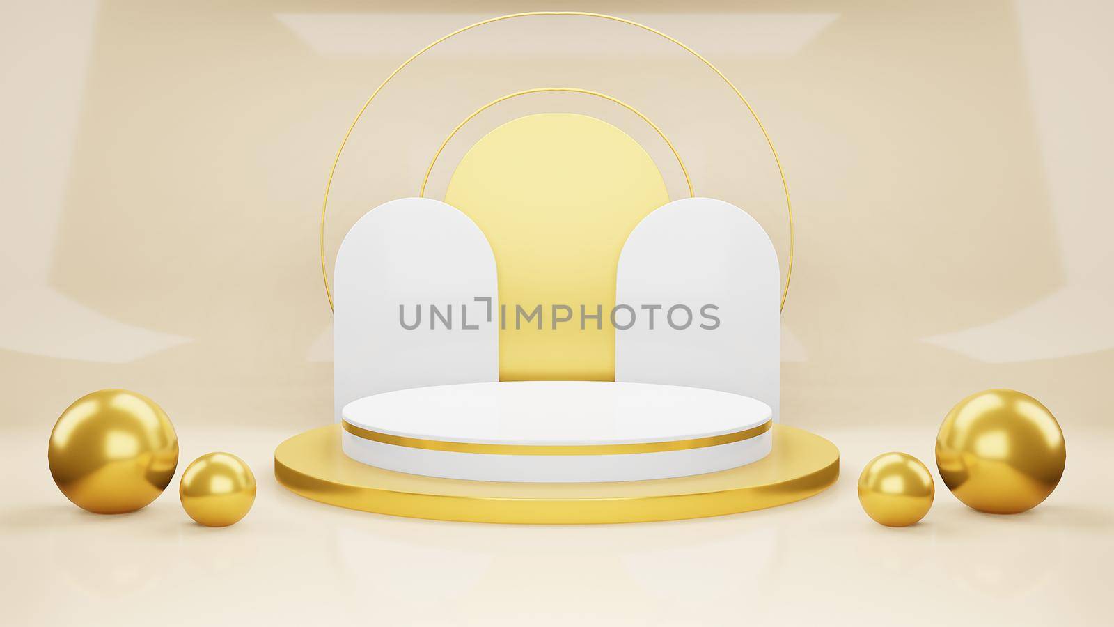Minimal cosmetic background for product presentation. Cosmetic bottle podium and gold podium on gray color background. 3d render illustration. Object isolate.