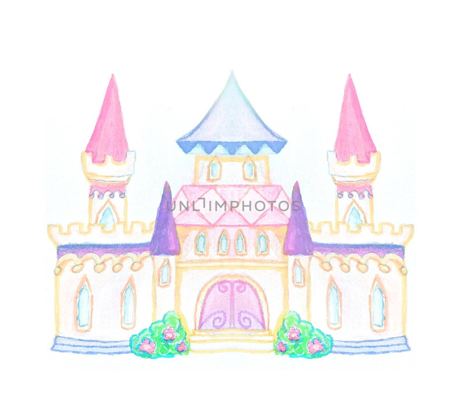Magic FairyTale Princess Castle isolated on white background. graphic hand drawing. by JackyBrown