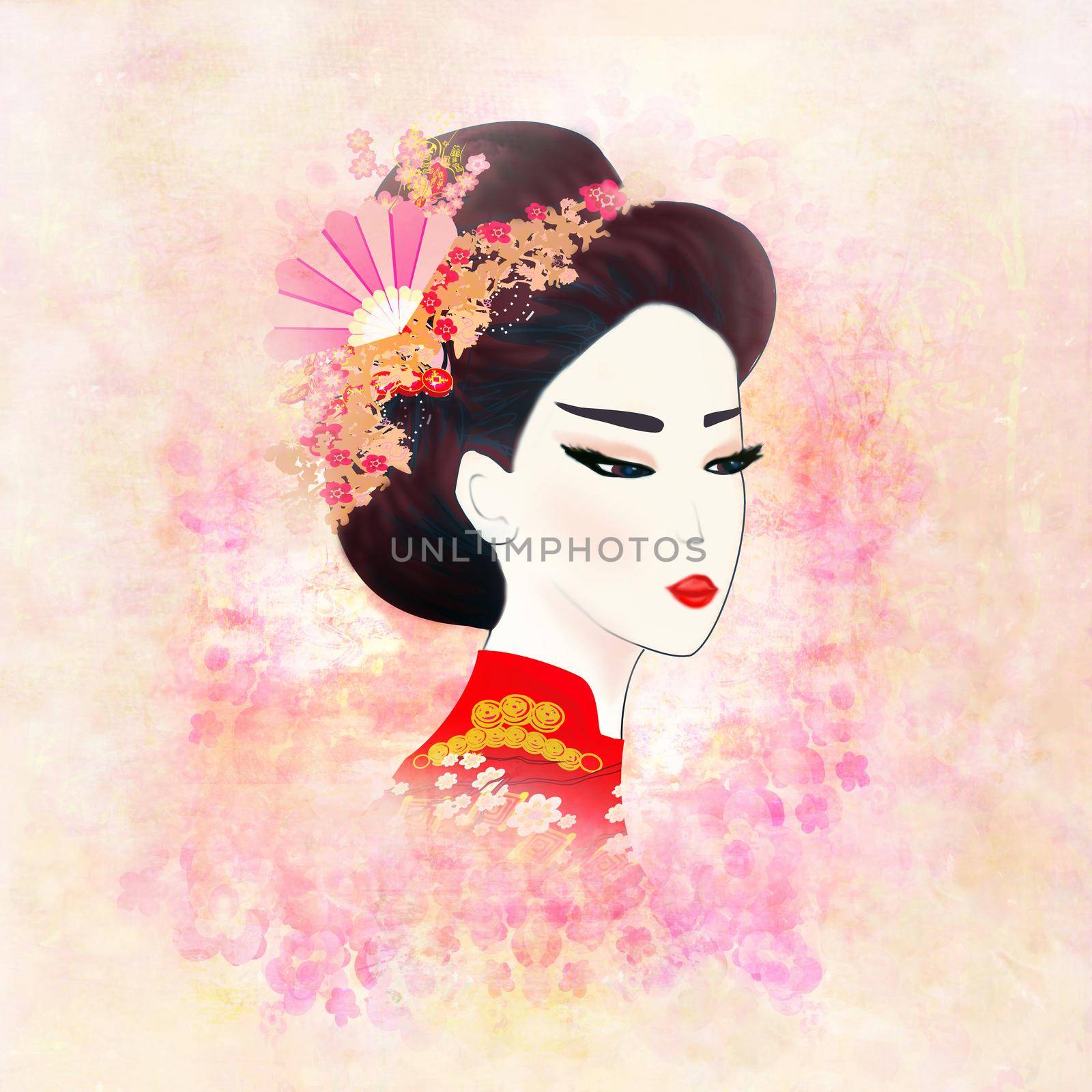Beautiful Japanese Geisha - artistic portrait on a floral pink background by JackyBrown