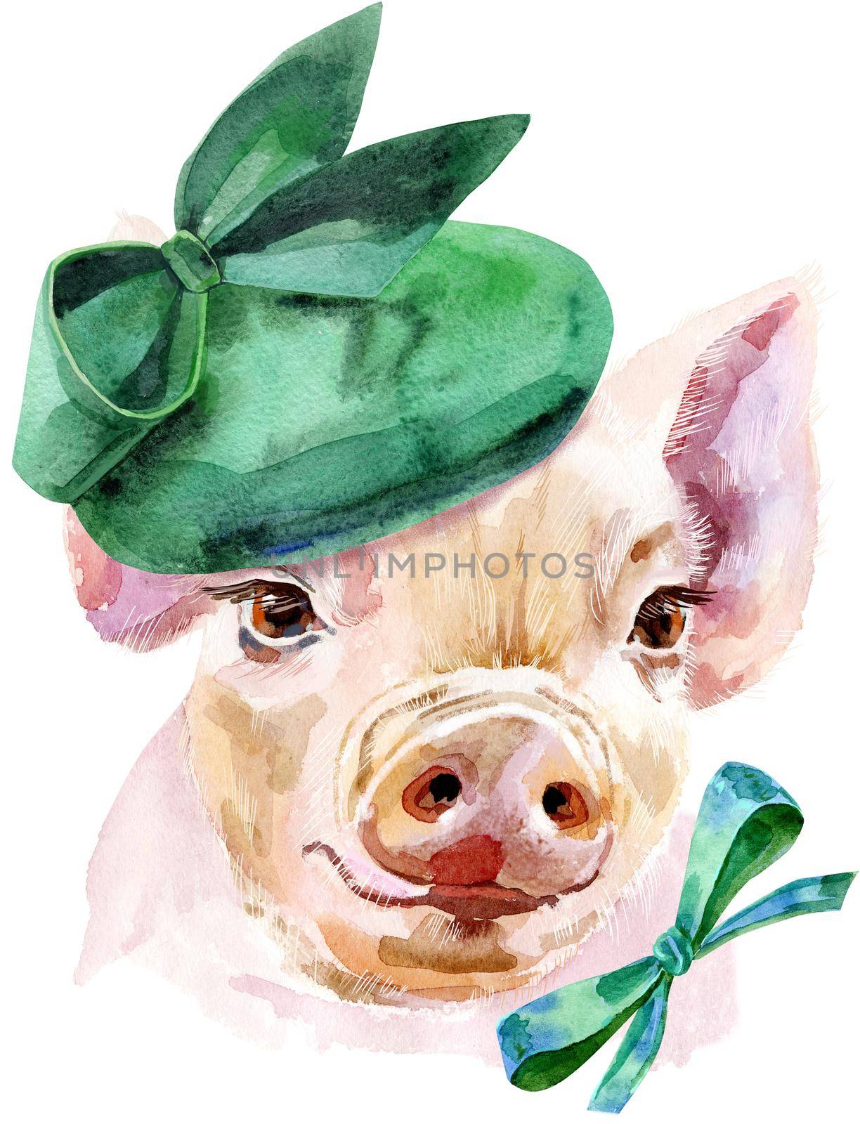 Cute piggy in in green hat and bow. Pig for T-shirt graphics. Watercolor pink mini pig illustration